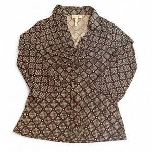 Laundry by Shelli Segal Geometric Blouse Brown & Cream Button Up Chic Boho 70s